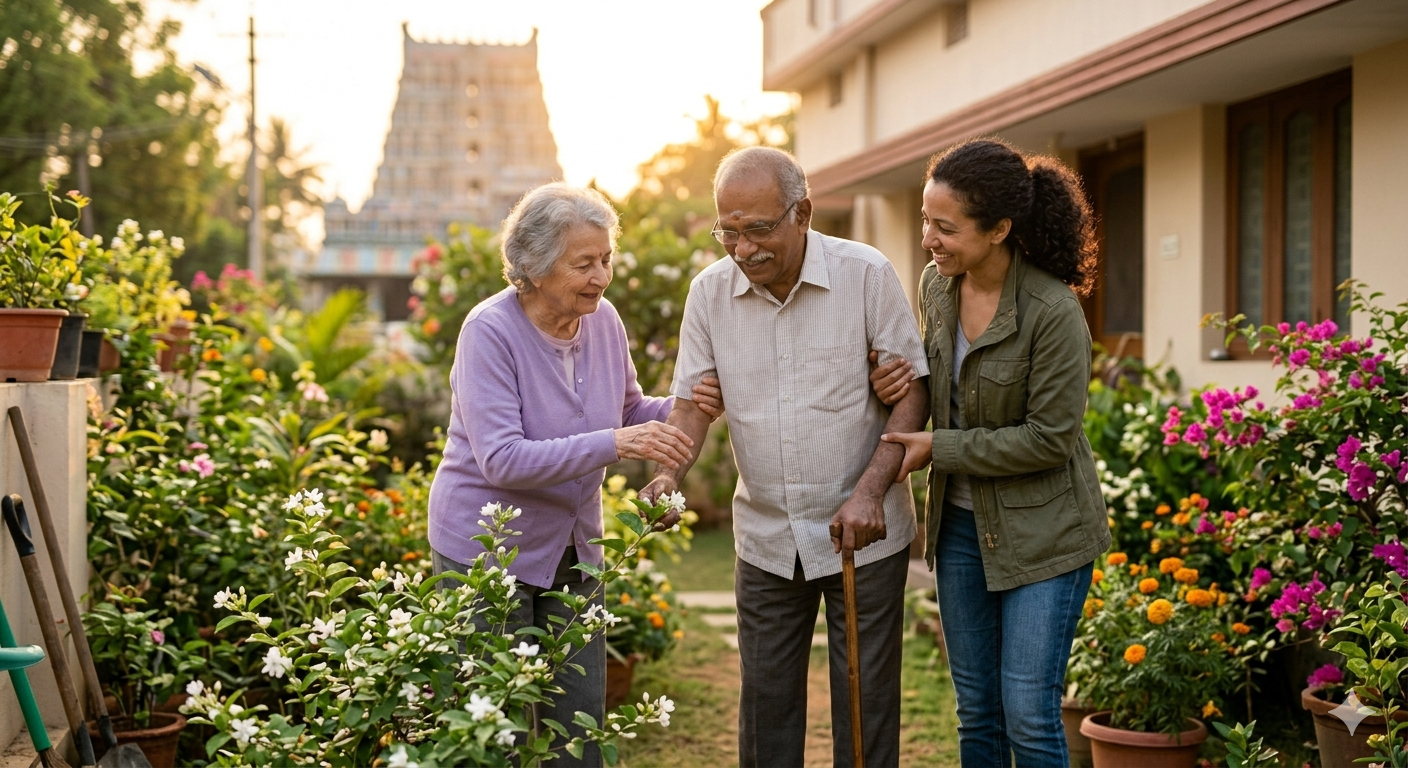 Elderly person smiling with care